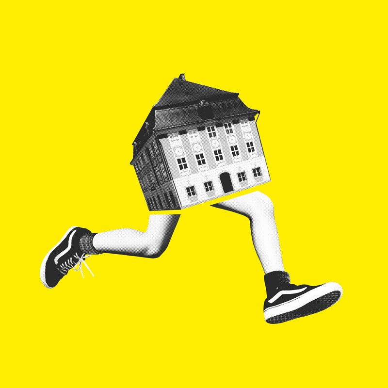 Bildcollage aus rennenden Beinen, als &quot;Körper&quot; daraufgesetzt ein Haus (Zumsteinhaus)