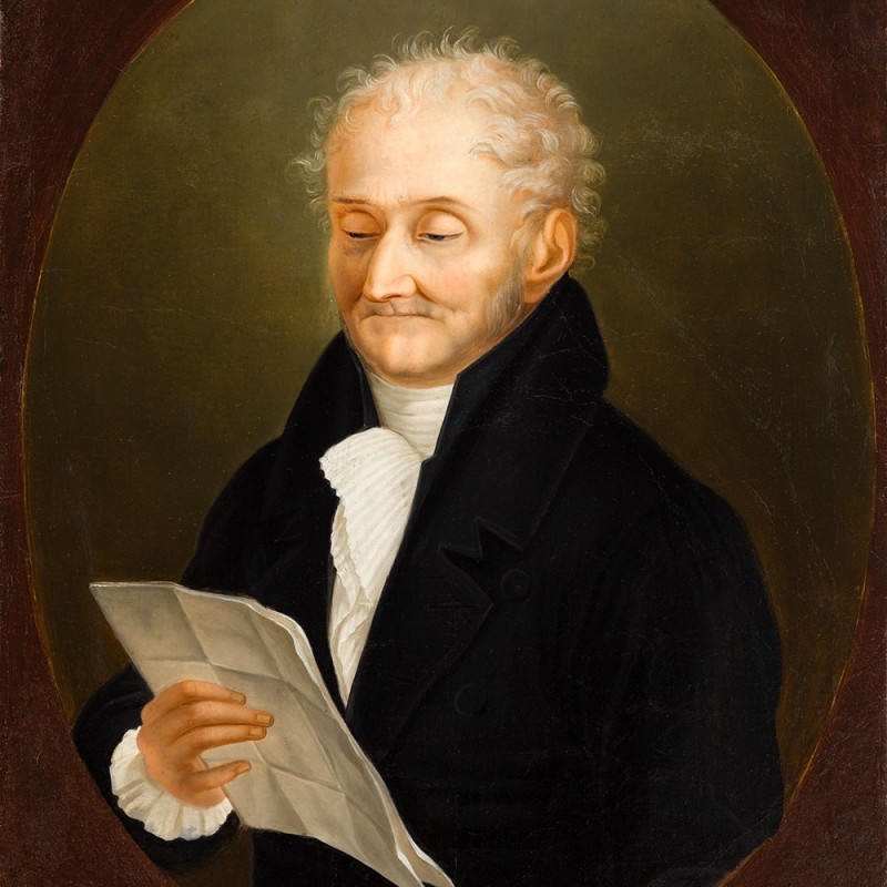 Ölgemälde von Johann Nicolaus Zumstein um 1830 (blickt auf Schreiben in seiner Hand)