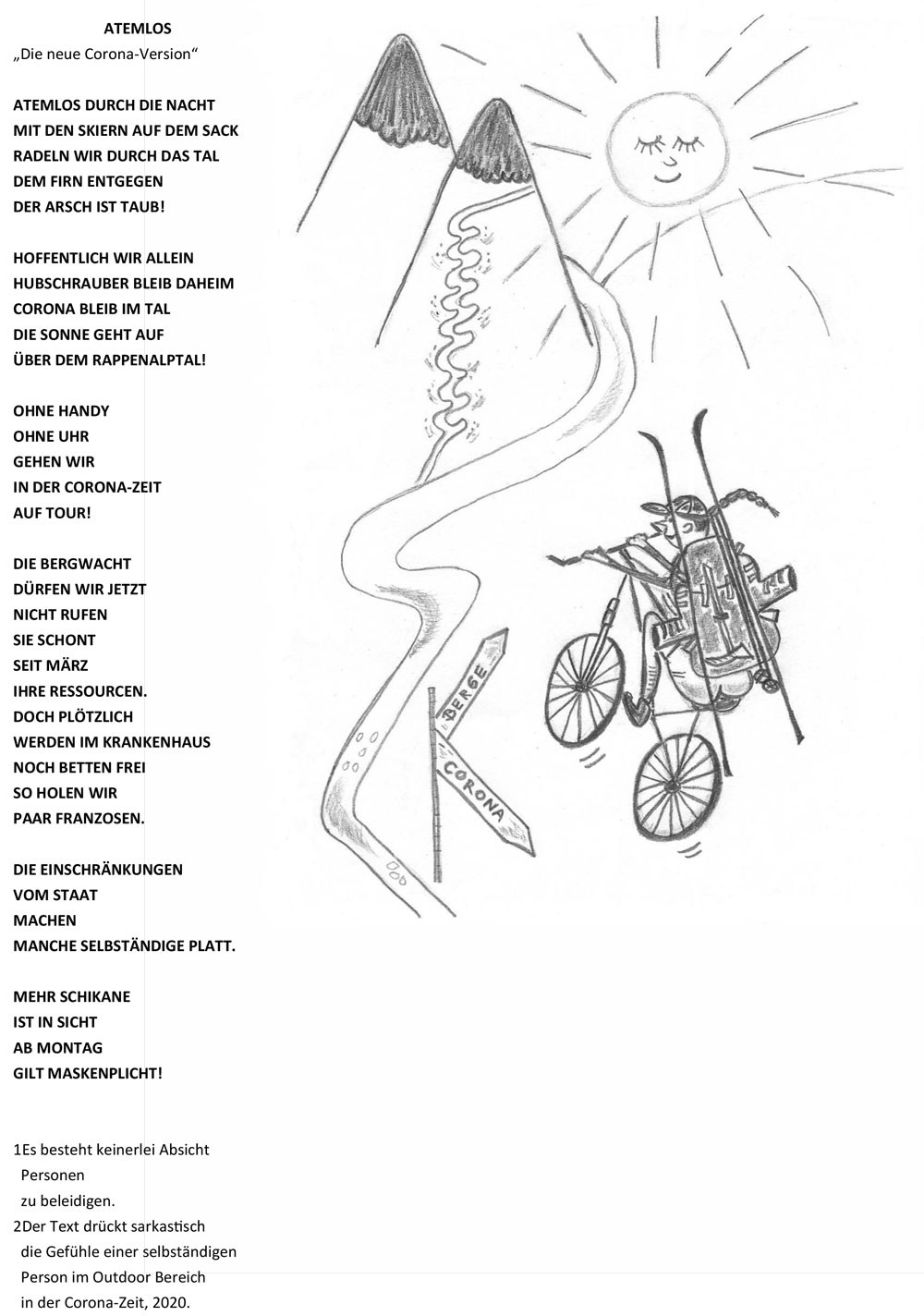 Maschinengeschriebener Text auf weißem Papier und Bleistiftzeichnung Mann radelt mit Skiern auf dem Rücken den Berg hoch