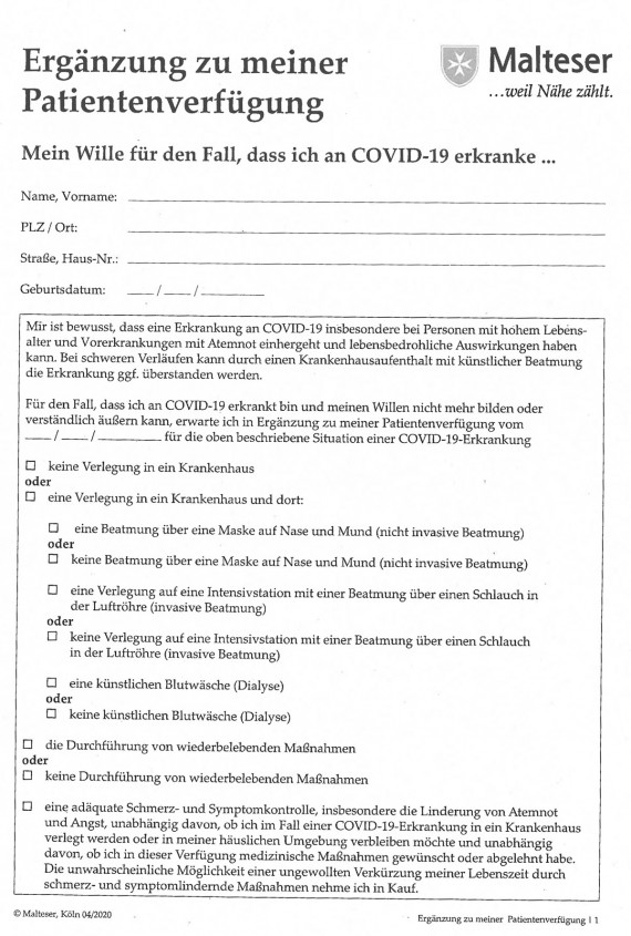 Formular &quot;Ergänzung zu meiner Patientenverfügung&quot;