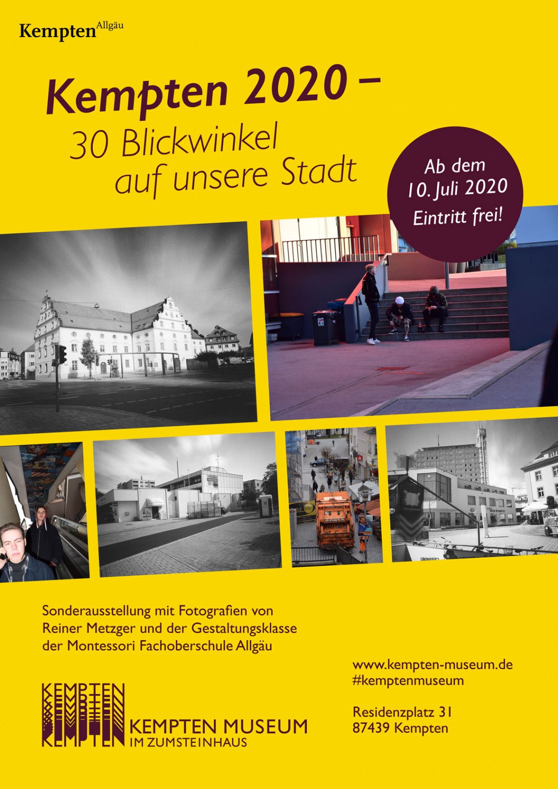 Ausstellungsplakat &quot;Kempten 2020&quot; mit unterschiedlichen Fotos der Stadt