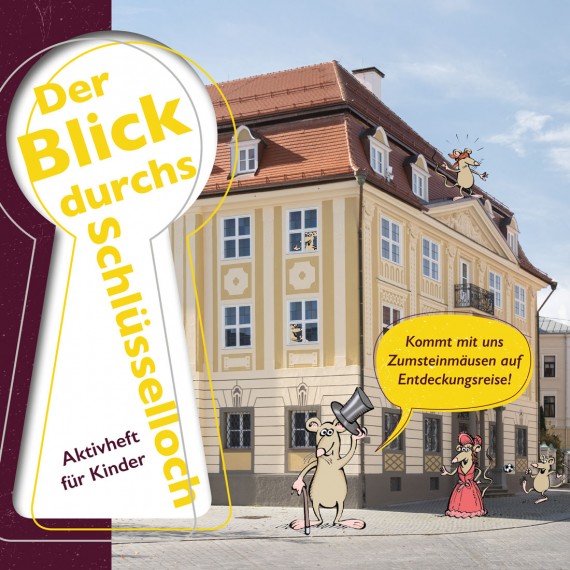 Außenansicht Kempten-Museum mit illustrierter Zumstein-Maus. Sie sagt: Komm mit uns Zumsteinmäusen auf Entdeckungsreise!