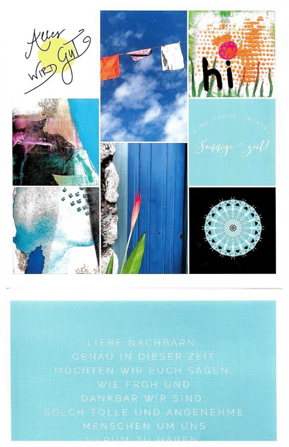 Postkarte mit Bildcollage. Text: Alles wird gut.