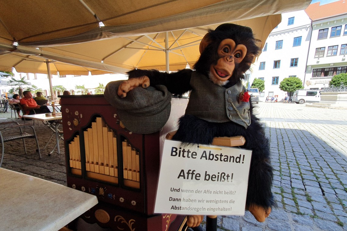 Stoffaffe sitzt auf Leierkasten mit Schild &quot;Bitte Abstand! Affe beißt!&quot;