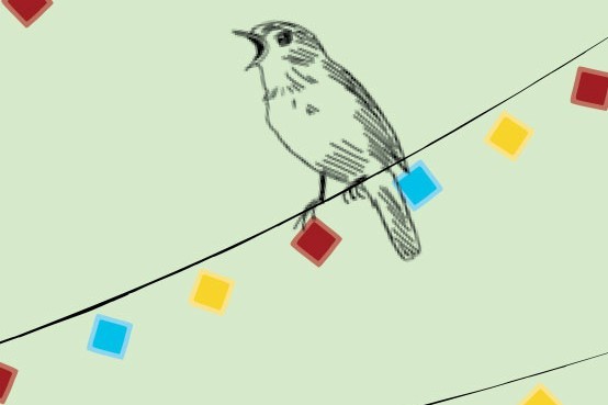 Illustration: Vogel sitzt auf bunter Wimpelgirlande und singt.
