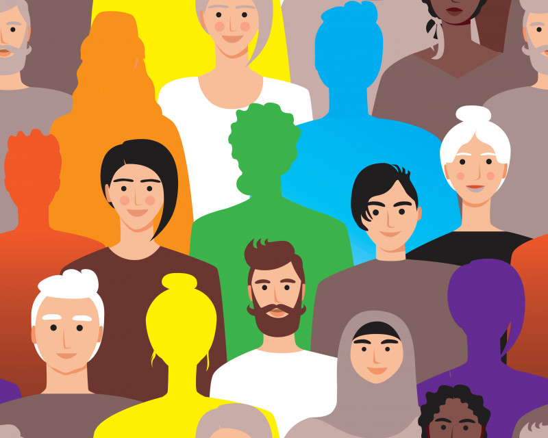 Illustration: Collage aus bunte Silhouetten und Menschen unterschiedlichen Alters und Aussehens