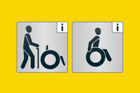 Icons: Person mit Gehhilfe, Person im Rollstuhl