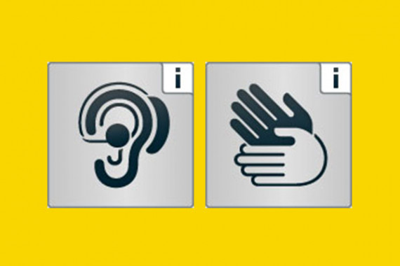 Bildzeichen Ohr mit Hörgerät (steht für Meschen mit Hörbehinderung) und Bildzeichen zwei Hände (steht für gehörlose Menschen)