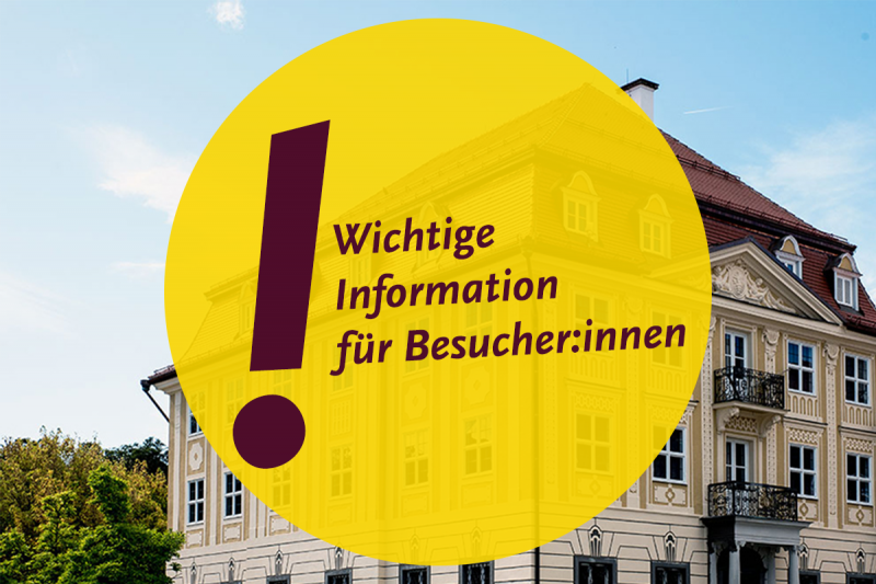 Au&szlig;enansicht Kempten-Museum, dar&uuml;ber gelber St&ouml;rer mit Text: "Wichtige Information f&uuml;r Besucher:innen"