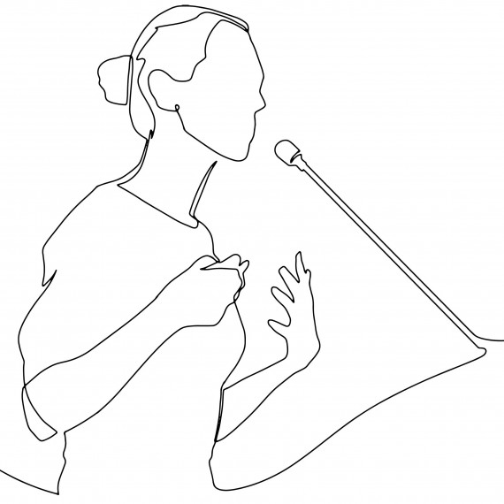 eine Strichzeichnung von einer Frau im Profil, die in ein Mikrofon spricht