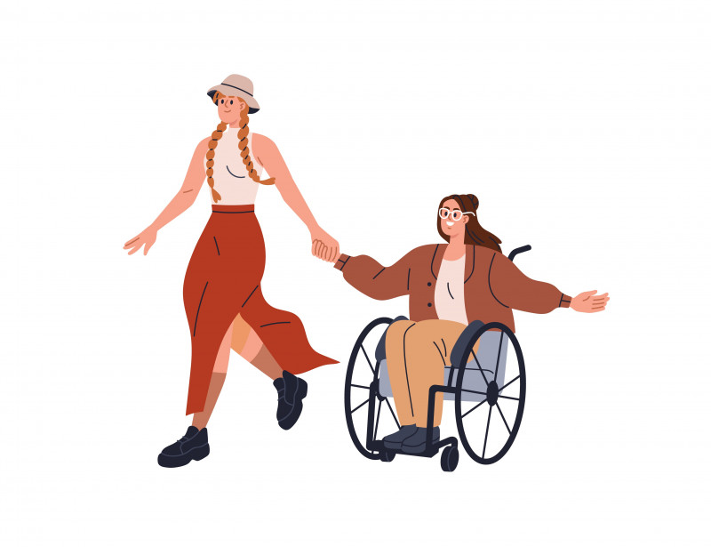 eine Zeichnung von zwei Frauen, die sich an den Händen halten, eine sitzt im Rollstuhl