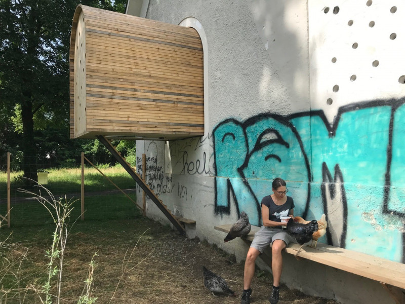 eine Frau sitzt auf einer band vor einem graffitibespr&uuml;htem Haus und streichelt H&uuml;hner