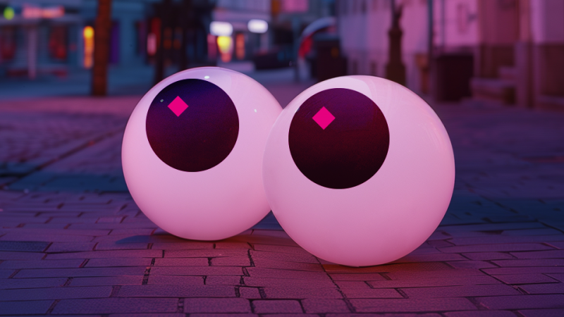 zwei beleuchtete Augen auf Stra&szlig;enpflaster