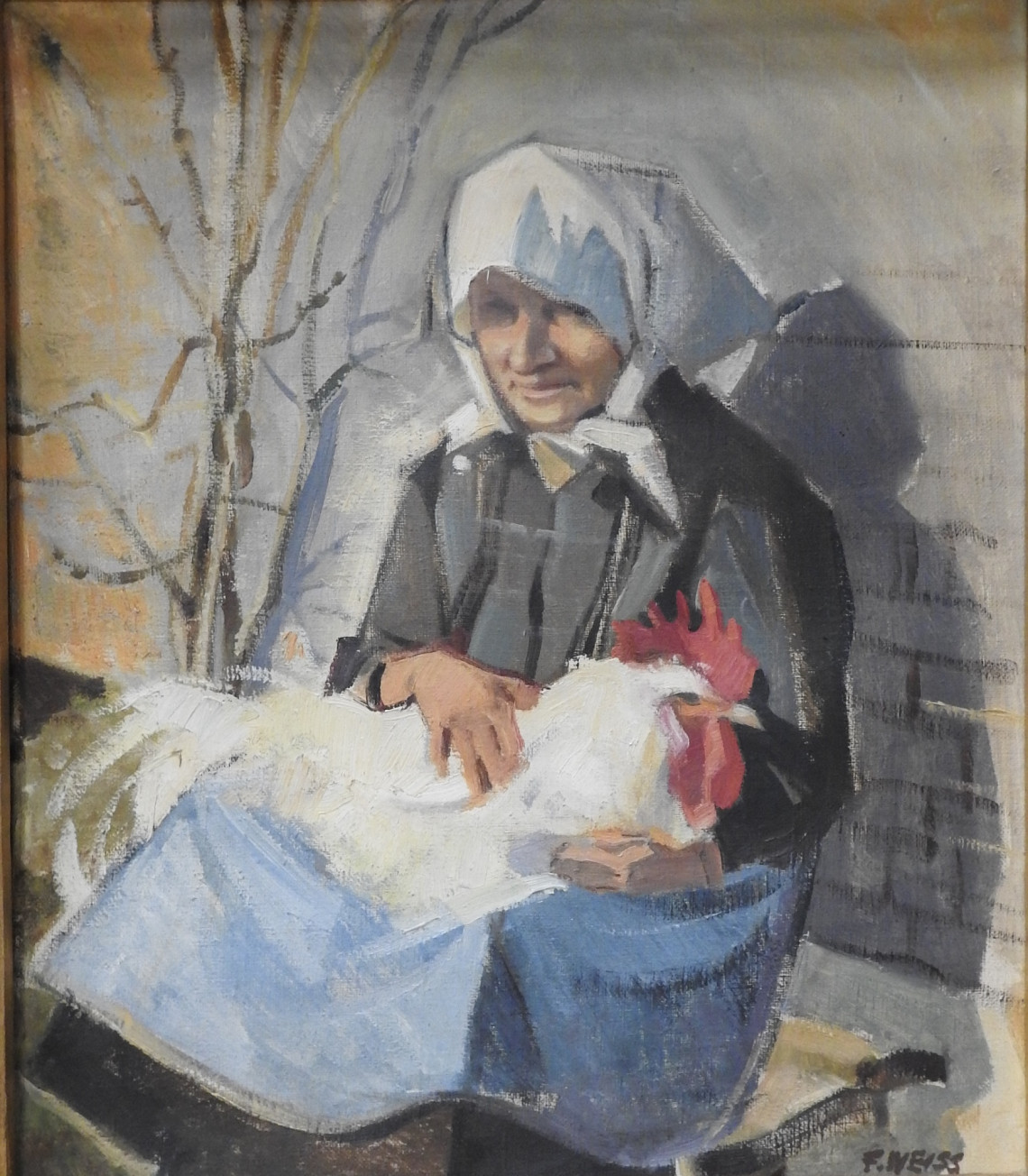 Gemälde einer alten Frau mit weißem Kopftuch mit einem Huhn auf dem Schoß