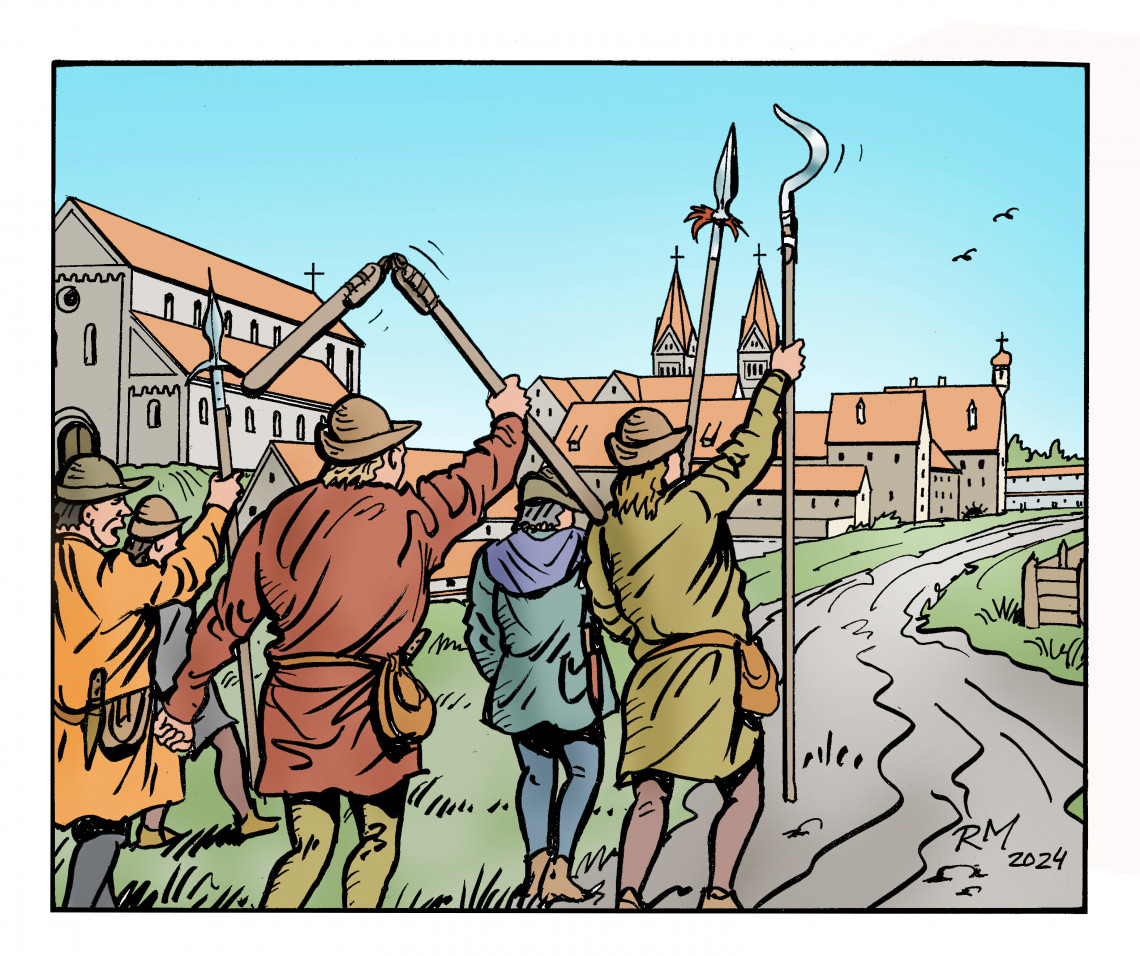 historische Illustration, Bauern heben Sensen in die Luft, im Hintergrund ist eine Stadt zu sehen mit Kirche und Wohnh&auml;usern