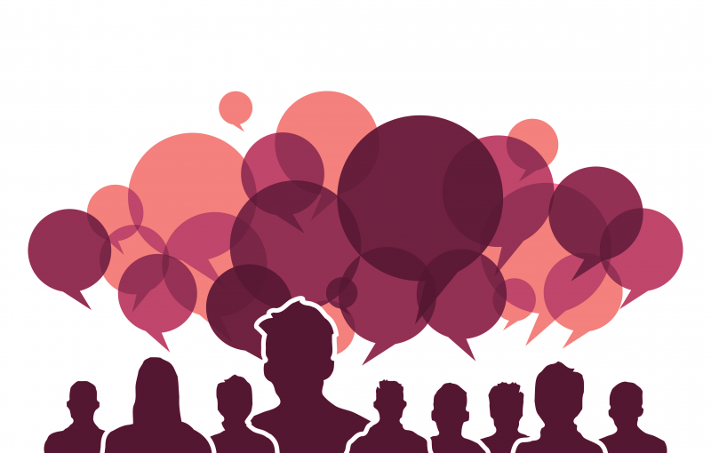 Grafik mit vielen Menschen und vielen Sprechblasen in Rott&ouml;nen