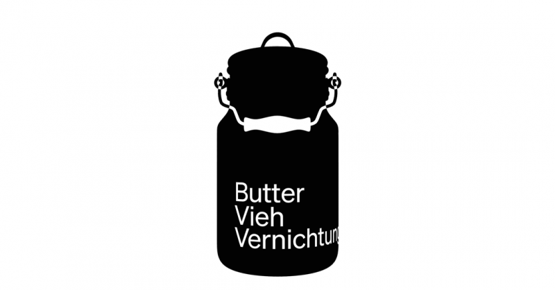 Illustration einer schwarzen Milchkanne auf wei&szlig;em Grund mit der Aufschrift Butter, Vieh, Vernichtung