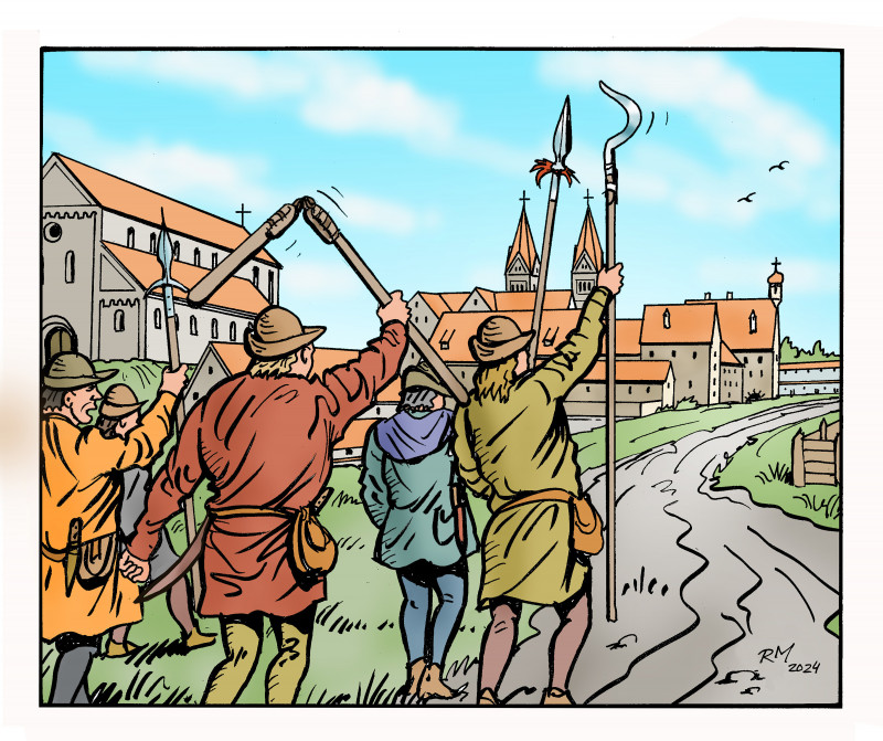historische Illustration, Bauern halten Sensen in die Höhe, im Hintergrund eine Stadt mit Kirche und Wohnhäusern