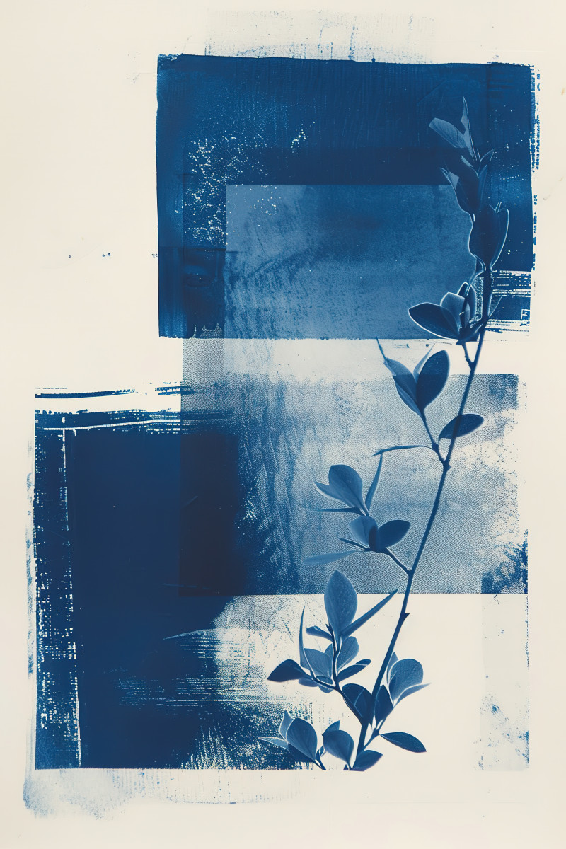 cremefarbenes Papier, auf welches mit blauer Farbe eine rankende Pflanze gedruckt wurde